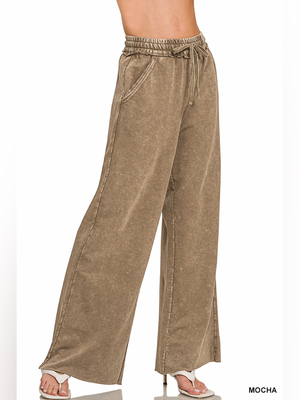 Z400  K6 2 Left Zenana Mocha French Terry Acid Washed Wide-Leg Pants - Brown - Picture 2 of 5